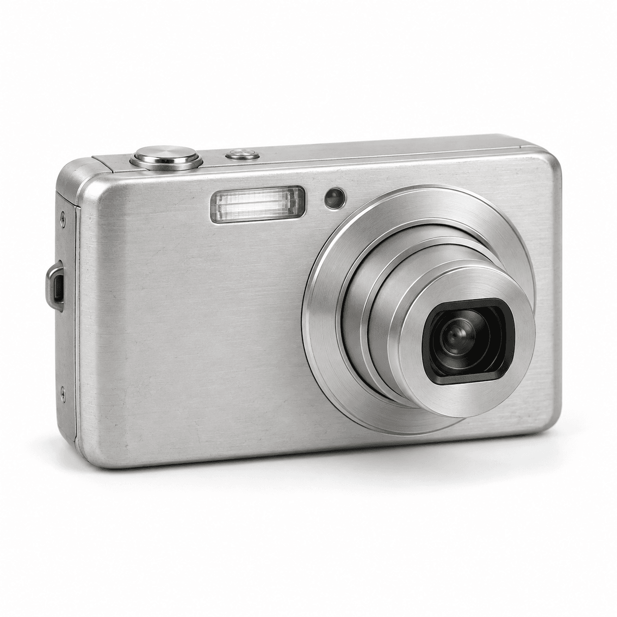 A silver digital compact camera with its lens extended