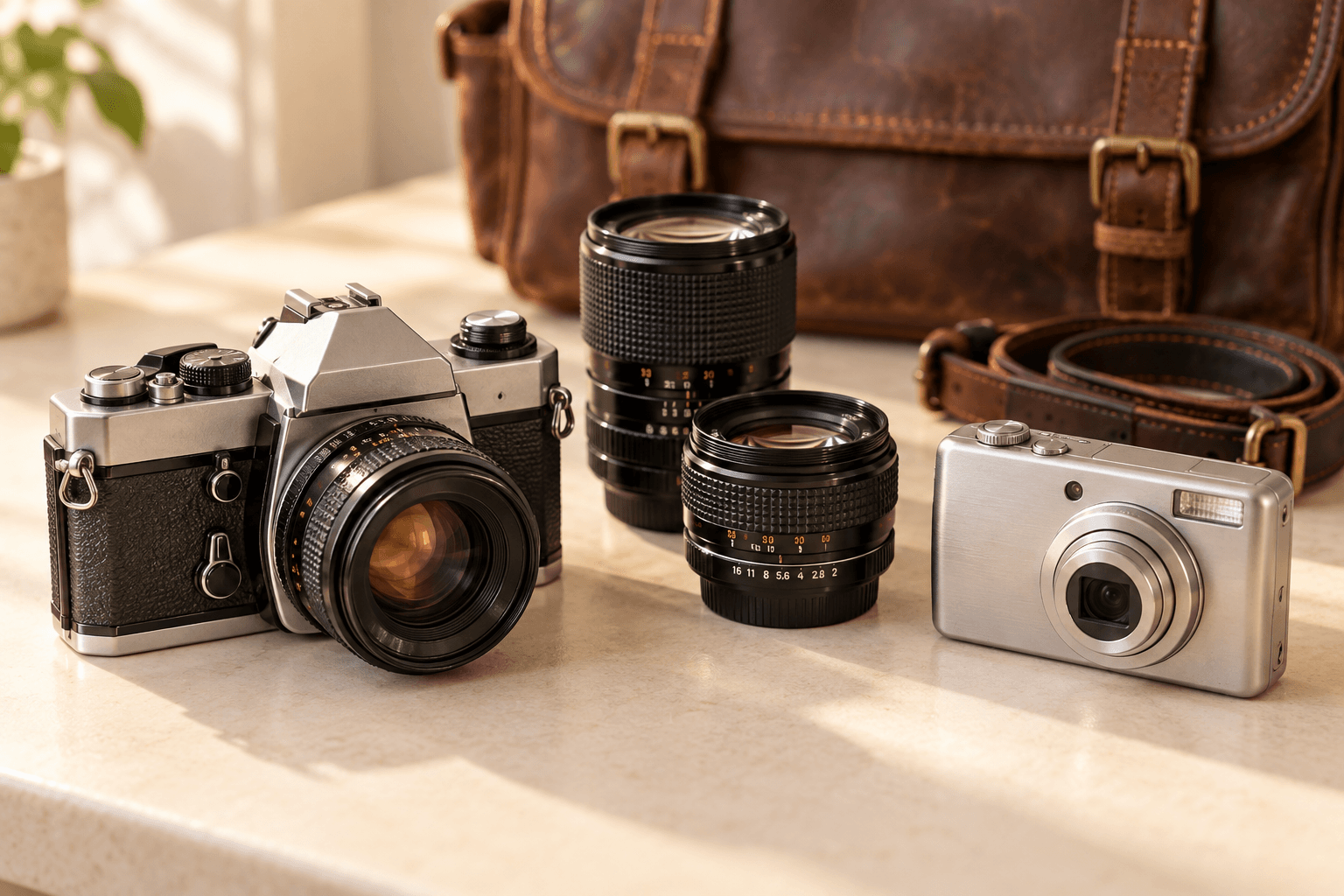 A vintage film camera, a silver digital compact and two lenses beside a brown leather camera bag